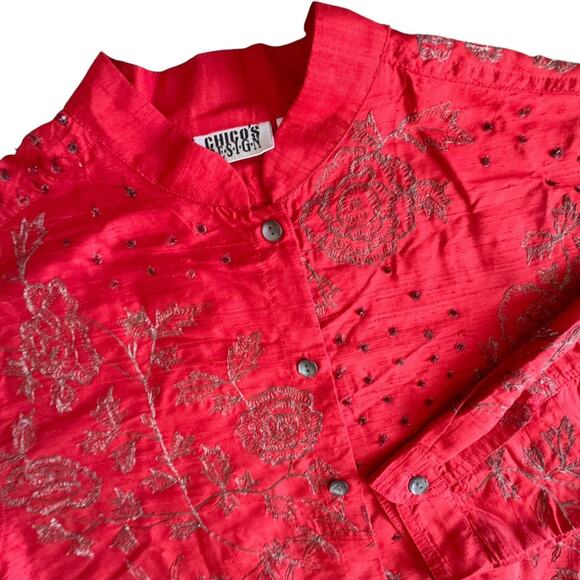 Chico's 100% Silk Top Women's Size Medium Red Asian Beaded Embroidery Button Up - Picture 1 of 9